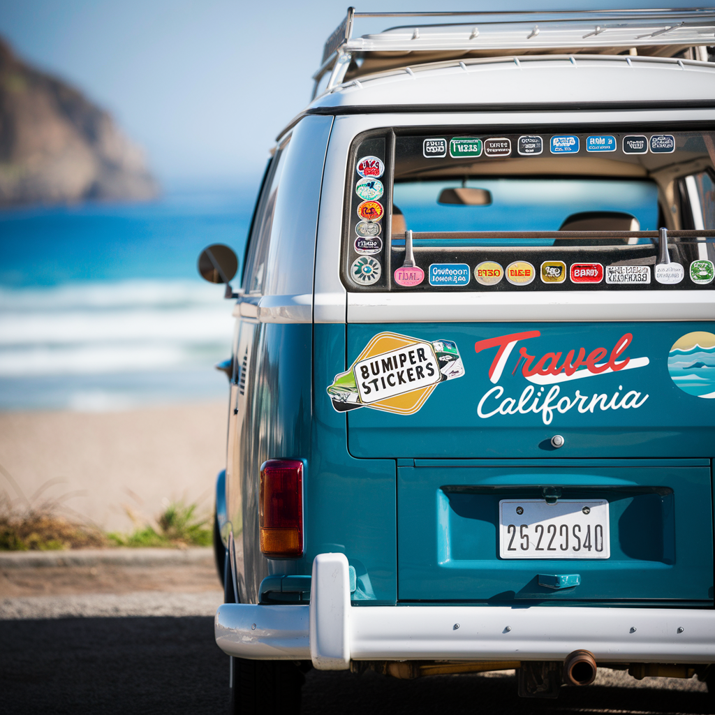 The final image depicts the back of a retro-style van parked near a beach. The van is adorned with a variety of bumper stickers, with the most prominent one reading "Bumper Stickers" in bold text. The van also features the text "Travel California" in a script font, adding to the laid-back, adventurous vibe of the scene. The ocean and distant cliffs can be seen in the background, completing the coastal setting