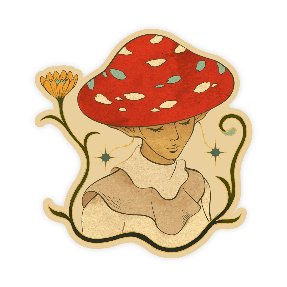 Hand Drawn Illustrated Cute Fairy Pixie Mushroom Cap Sticker - stickerbull