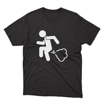 a black t - shirt with a white graphic of a man throwing a cloud
