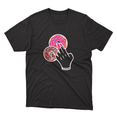 a black t - shirt with a hand holding a donut