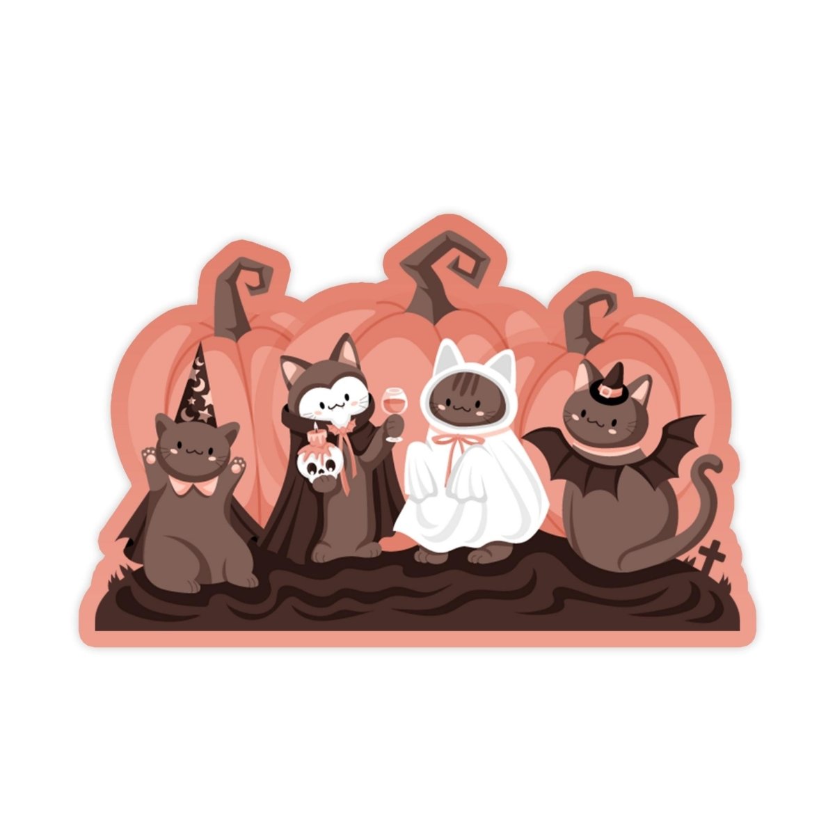 Cute Halloween Cats Sticker - stickerbullCute Halloween Cats StickerRetail StickerstickerbullstickerbullTaylor_HalloweenCatsPink [#288]This image depicts a group of cats wearing various clothing items. In the center, there is a white-furred cat wearing a long robe and holding a glass of wine in its paw.