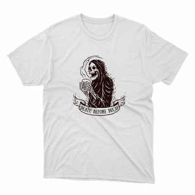 Death Before Decaf Shirt - stickerbullDeath Before Decaf ShirtShirtsPrintifystickerbull21332538862754004337WhiteSa white t - shirt with a skeleton holding a microphone