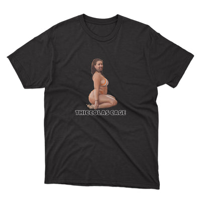 a black t - shirt with a picture of a woman in lingerie