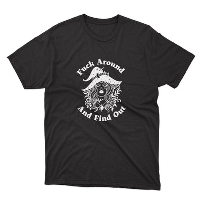 Fuck Around And Find Out Witch Shirt - stickerbullFuck Around And Find Out Witch ShirtShirtsPrintifystickerbull61509133117706611947WhiteMa black t - shirt with a white logo that says fish around and find out