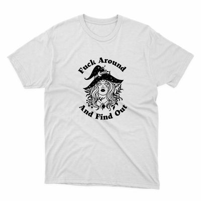 Fuck Around And Find Out Witch Shirt - stickerbullFuck Around And Find Out Witch ShirtShirtsPrintifystickerbull97198520039793659105WhiteSa white t - shirt with a black and white image of a woman wearing a