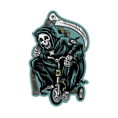 Grim Reaper Jigsaw Parody Sticker - stickerbullGrim Reaper Jigsaw Parody StickerRetail StickerstickerbullstickerbullTaylor_GrimReaperBikeThis image depicts a cartoon of a grim reaper riding a tricycle. The grim reaper is wearing a dark, hooded garment and has an eerie skull for its head. Its skeletal hands are gripping the handlebars of the tricycle as it rides along. In front of the tricycle is a yellow rectangular object with black skull and crossbones on it. Behind the grim reaper is a blue b