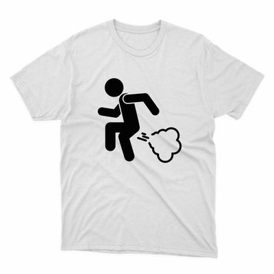 Guy Farting Shirt - stickerbullGuy Farting ShirtShirtsPrintifystickerbull55556798969478026052WhiteSa white t - shirt with a black graphic of a man kicking a sheep