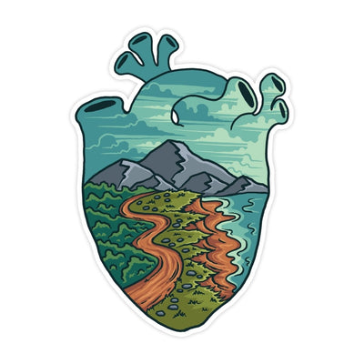 Heart Of Nature National Park Hiking Sticker - stickerbullHeart Of Nature National Park Hiking StickerRetail StickerstickerbullstickerbullSage_HeartNature [#59]This image features a cartoon-style illustration of a heart with a path and mountains inside. The heart is colored in green, while the path and mountains are white. At the bottom left corner of the image, there is also a blue sea creature that appears to be swimming away from the heart. In addition, there is a small blue and green backgro