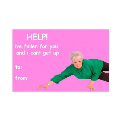 Help I've Fallen For You Life Alert Valentines Day Card Meme Sticker - stickerbullHelp I've Fallen For You Life Alert Valentines Day Card Meme StickerRetail StickerstickerbullstickerbullTaylor_LifeAlertLife alert meme of the "Help i've fallen and I can't get up" lady but instead it is a valentines day card that says Help I've fallen for you and I can't get up with an image of the lady fallen on the ground from the meme.