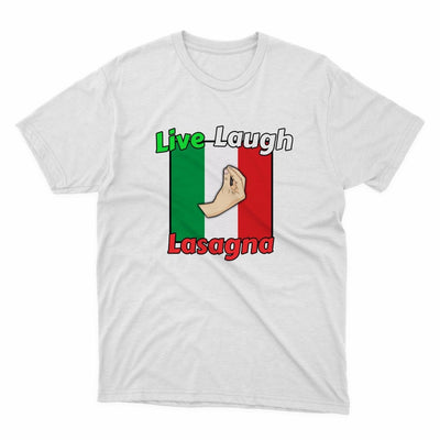 Live Laugh Lasagna Shirt - stickerbullLive Laugh Lasagna ShirtShirtsPrintifystickerbull21441486300412938535WhiteSa white t - shirt with the words live laugh and a hand holding a flag
