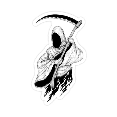 Vintage Black and White Grim Reaper Sticker - stickerbullVintage Black and White Grim Reaper StickerRetail StickerstickerbullstickerbullB&WGrimReaper_This black and white drawing depicts a grim reaper, wearing a long white robe and holding a staff in one hand. The figure stands tall against the backdrop of an empty landscape, with no other objects or people visible. The grim reaper's face is hidden beneath its hood, giving it an air of mystery and foreboding. Its skeletal hands are clasped aroun