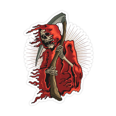 Vintage Grim Reaper Sticker - stickerbullVintage Grim Reaper StickerRetail StickerstickerbullstickerbullTaylor_GrimReaperRedThis image depicts a sticker of a skeleton holding a scythe. The skeleton is wearing an old-fashioned, red and white shield on its chest. Its hands are outstretched, gripping the long pole of the scythe tightly. The figure stands against a plain white background with no other objects in sight.